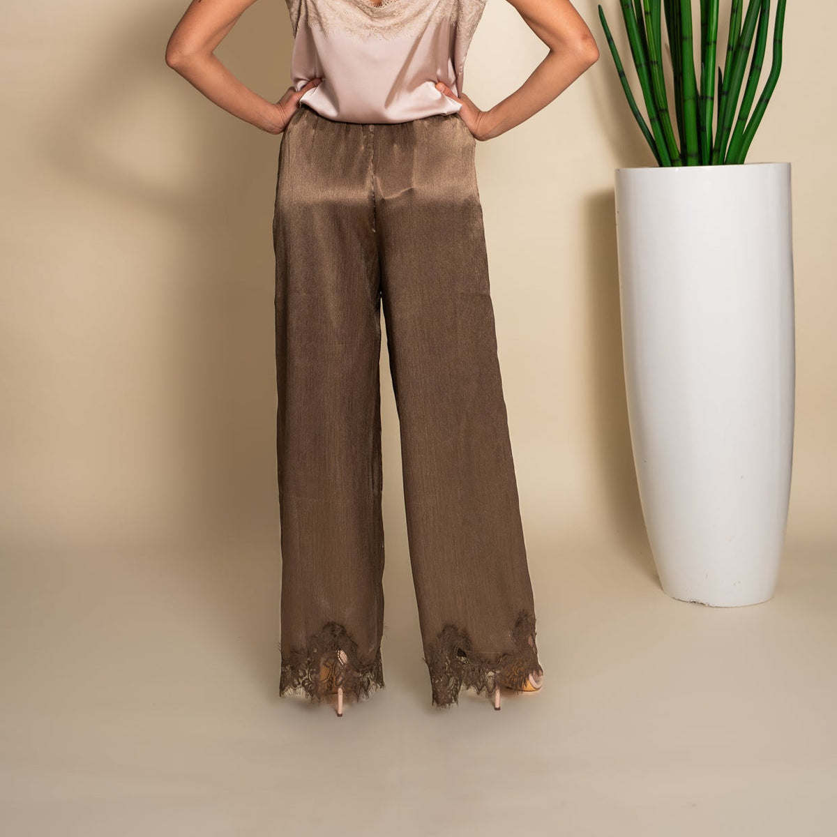 Taupe Satin Wide-Leg Lace Hem Pants