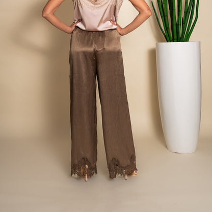 Taupe Satin Wide-Leg Lace Hem Pants