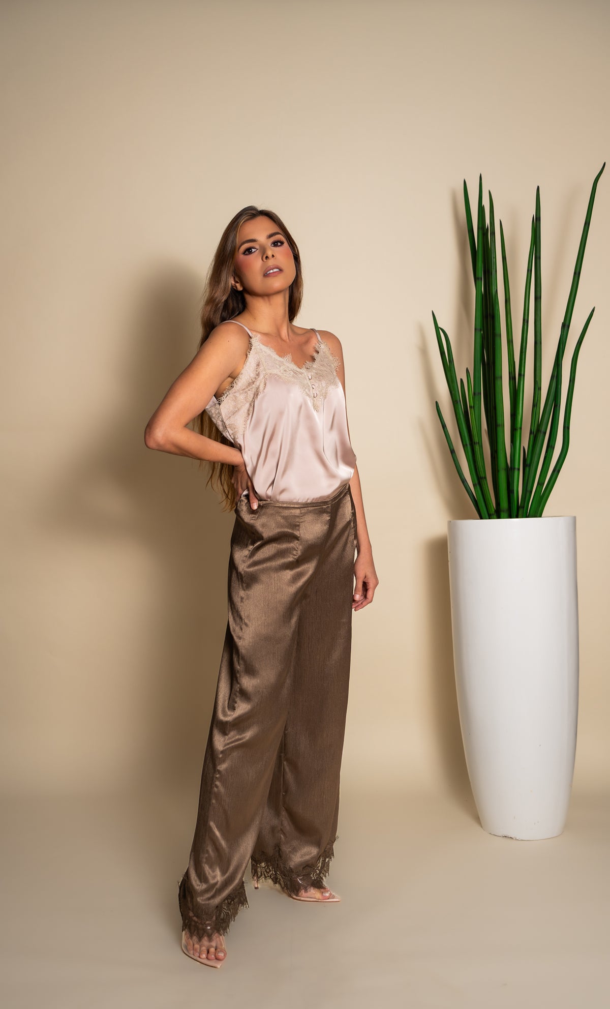 Taupe Satin Wide-Leg Lace Hem Pants