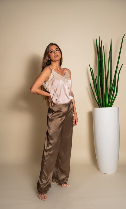 Taupe Satin Wide-Leg Lace Hem Pants