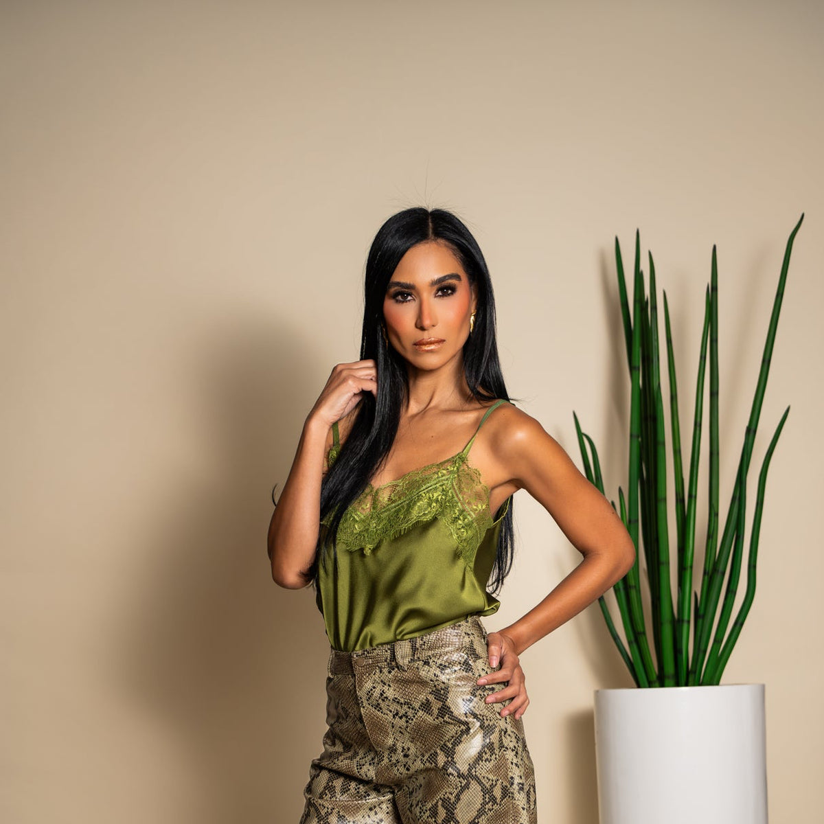 Olive Green Satin Lace Camisole Top