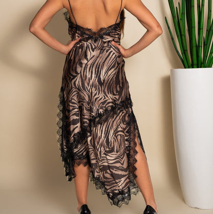 Zebra Print Satin Lace Trim Slip Set