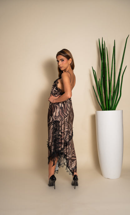 Zebra Print Satin Lace Trim Slip Set