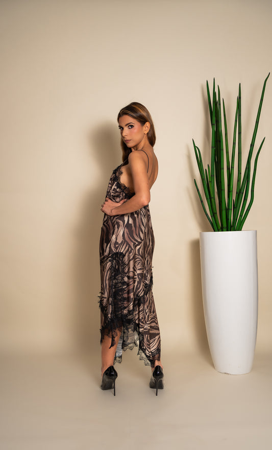 Zebra Print Satin Lace Trim Slip Set