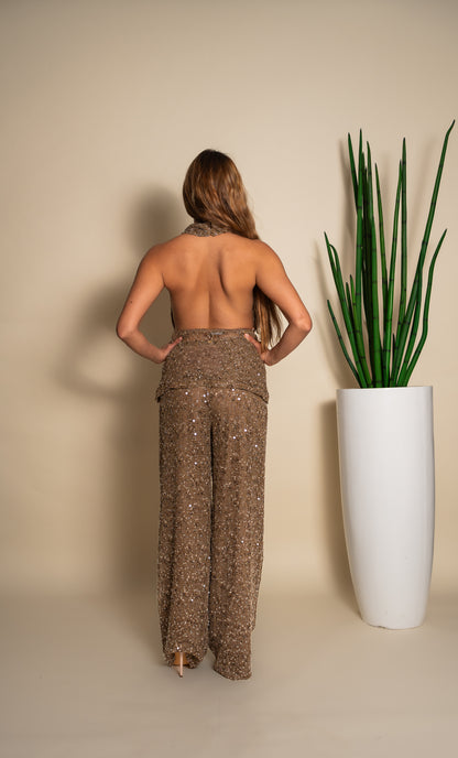 Gold Sequin Halter & Wide-Leg Pants Set