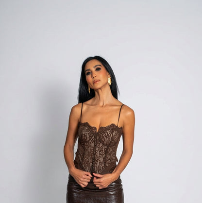 Brown Lace Bustier Corset Top