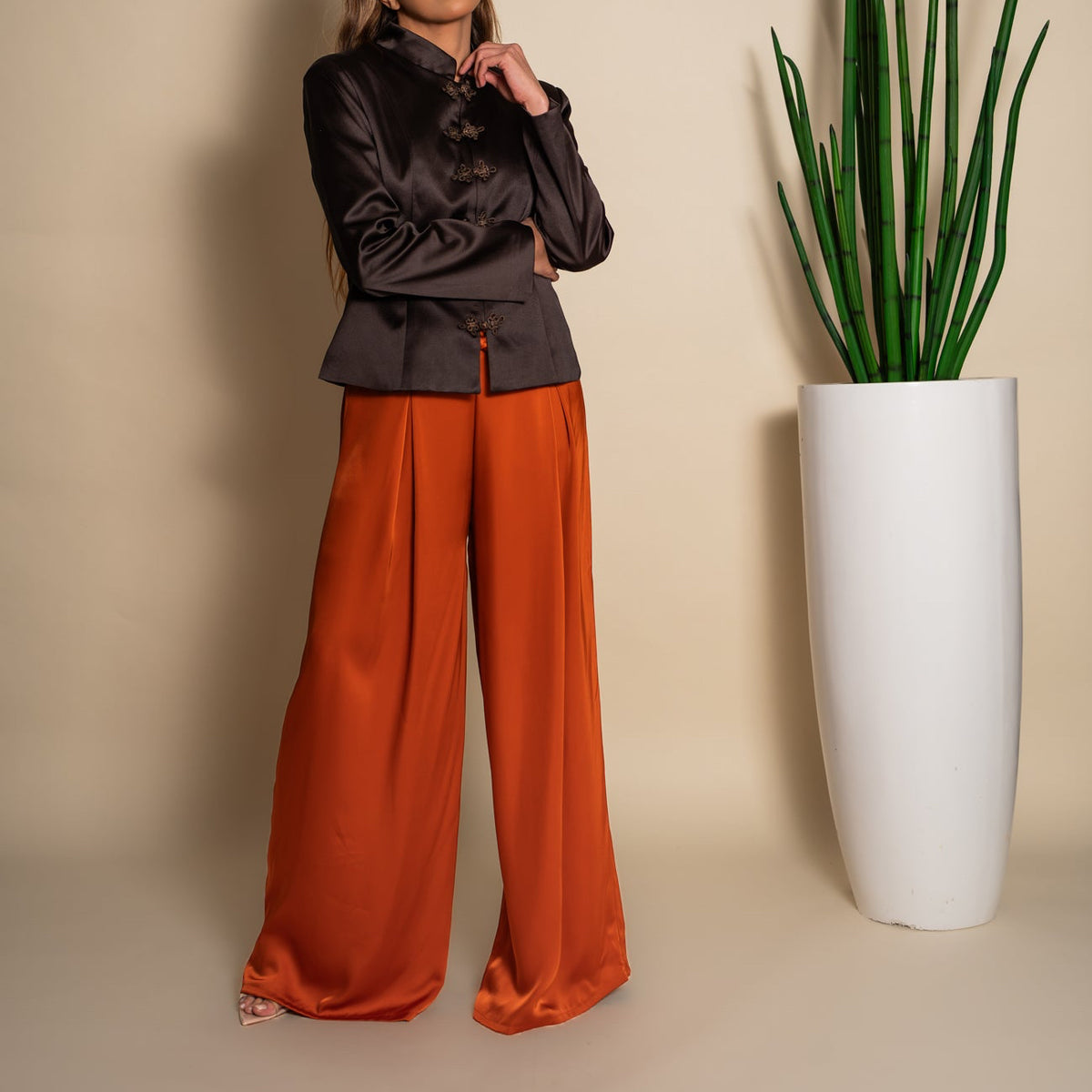 Orange Satin Wide-Leg Pants