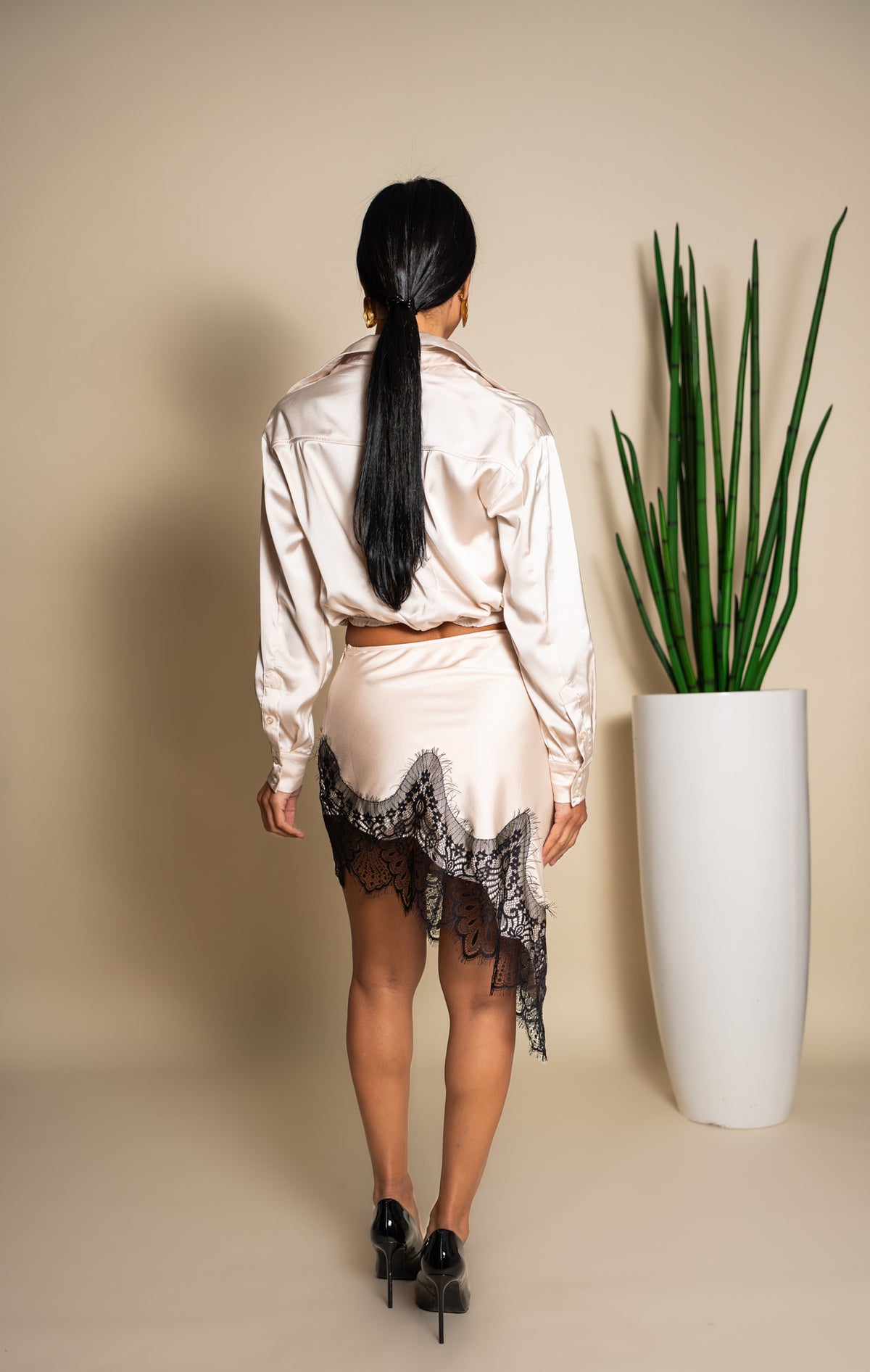 Ivory Satin-Look Shirt and Black Lace-Trim Skirt Set