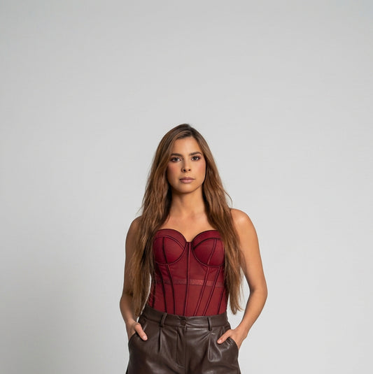 Wine Mesh Bustier Corset Top