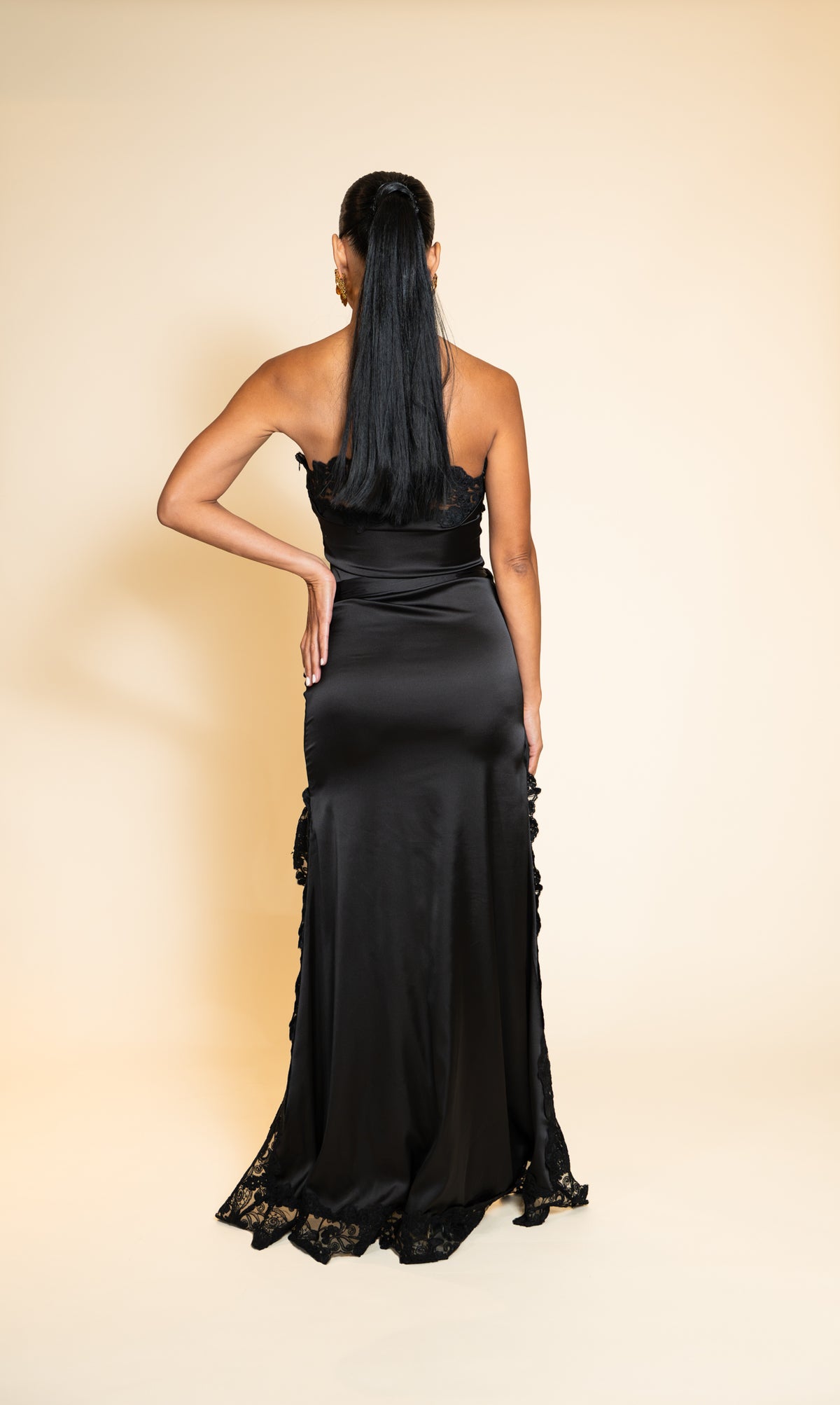 Black Strapless Lace-Trim High-Low Dress