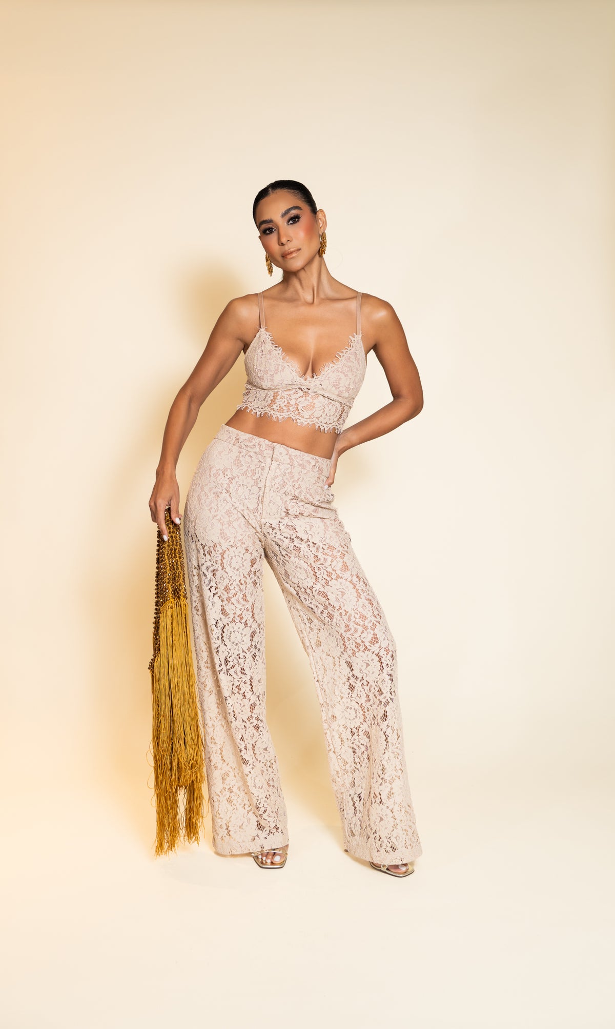 Ivory Lace Crop Top and Wide-Leg Pants Set