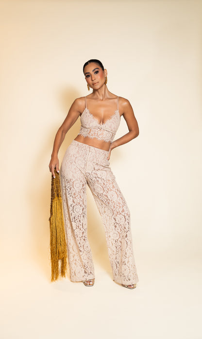 Ivory Lace Crop Top and Wide-Leg Pants Set