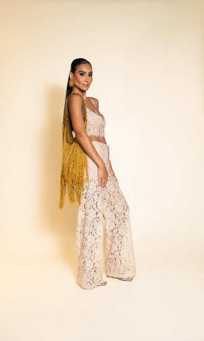 Ivory Lace Crop Top and Wide-Leg Pants Set