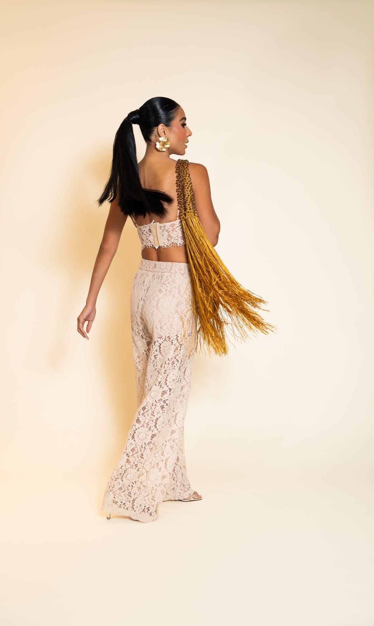 Ivory Lace Crop Top and Wide-Leg Pants Set
