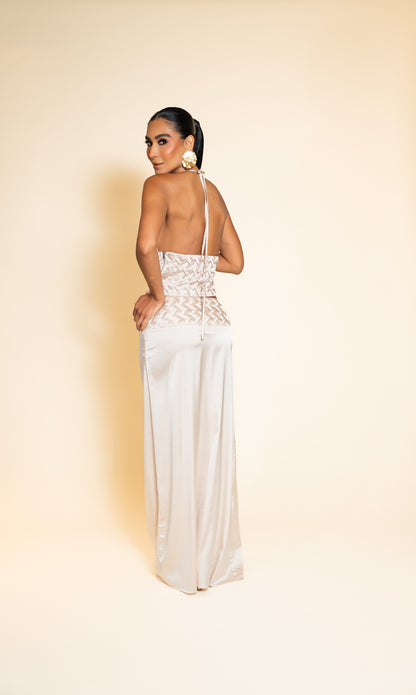 Ivory Satin-Look Halter Top and Maxi Skirt Set