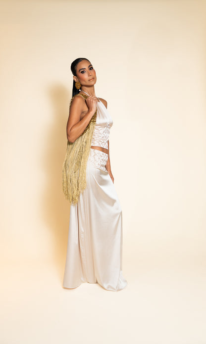 Ivory Satin-Look Halter Top and Maxi Skirt Set