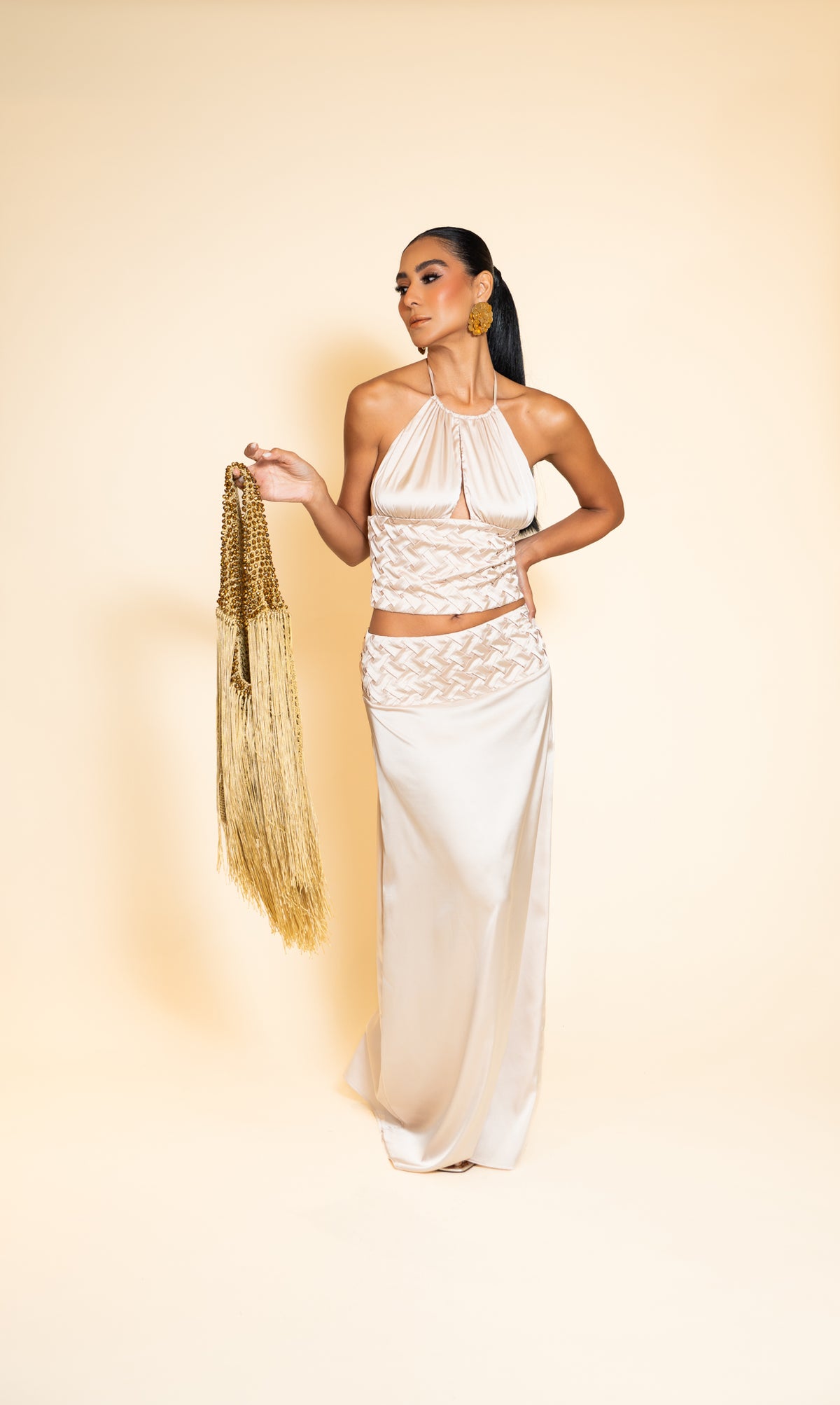 Ivory Satin-Look Halter Top and Maxi Skirt Set