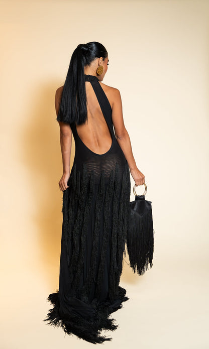Black Fringe Halter Maxi Dress - Back view
