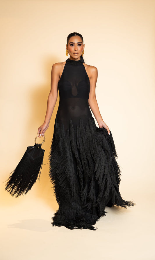 Black Fringe Halter Maxi Dress - Front view