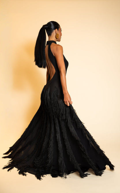 Black Fringe Halter Maxi Dress - Side view