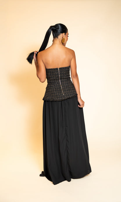 Black Strapless Textured Bodice Maxi Dress