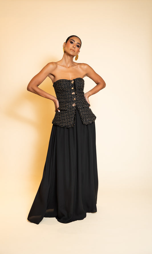 Black Strapless Textured Bodice Maxi Dress