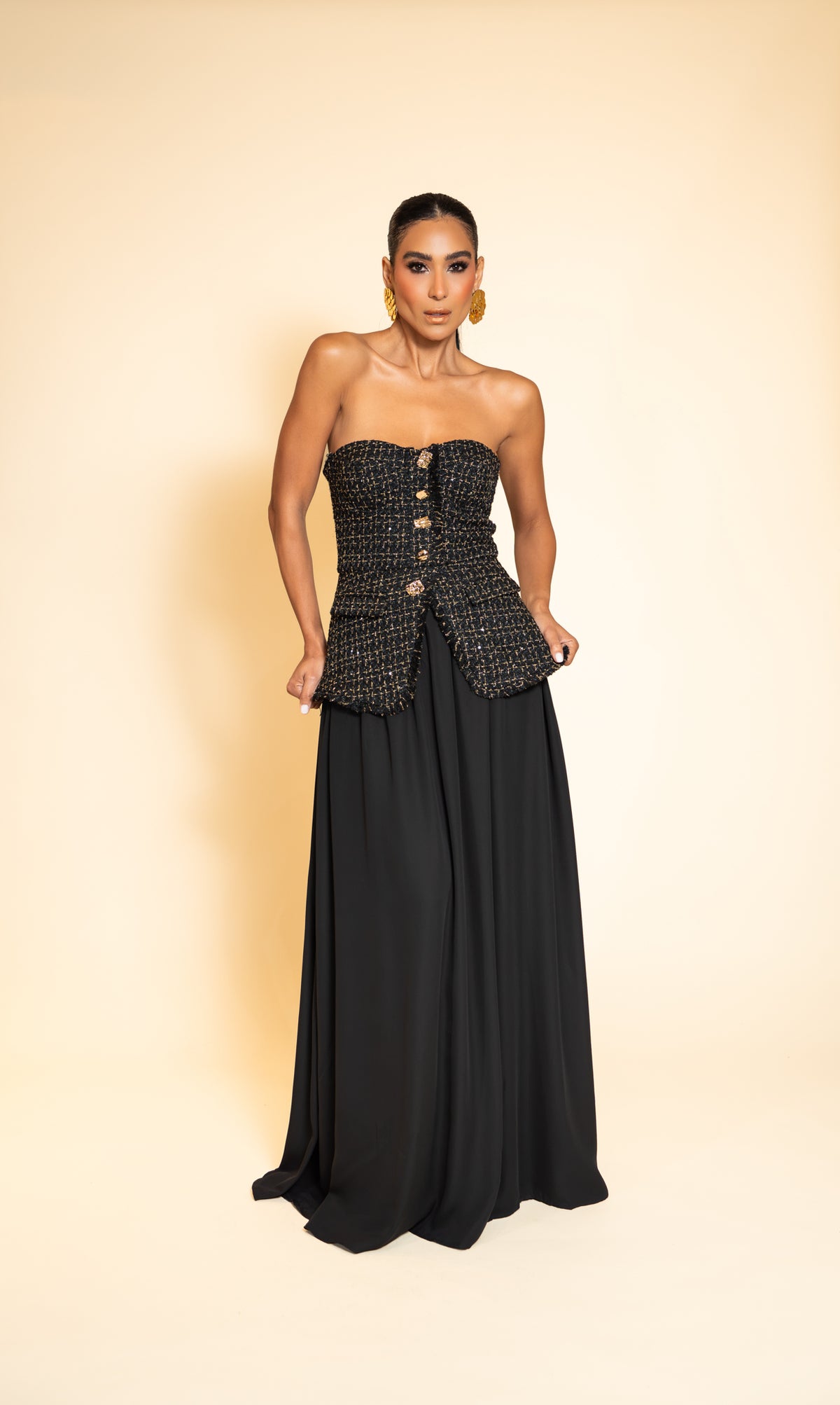 Black Strapless Textured Bodice Maxi Dress