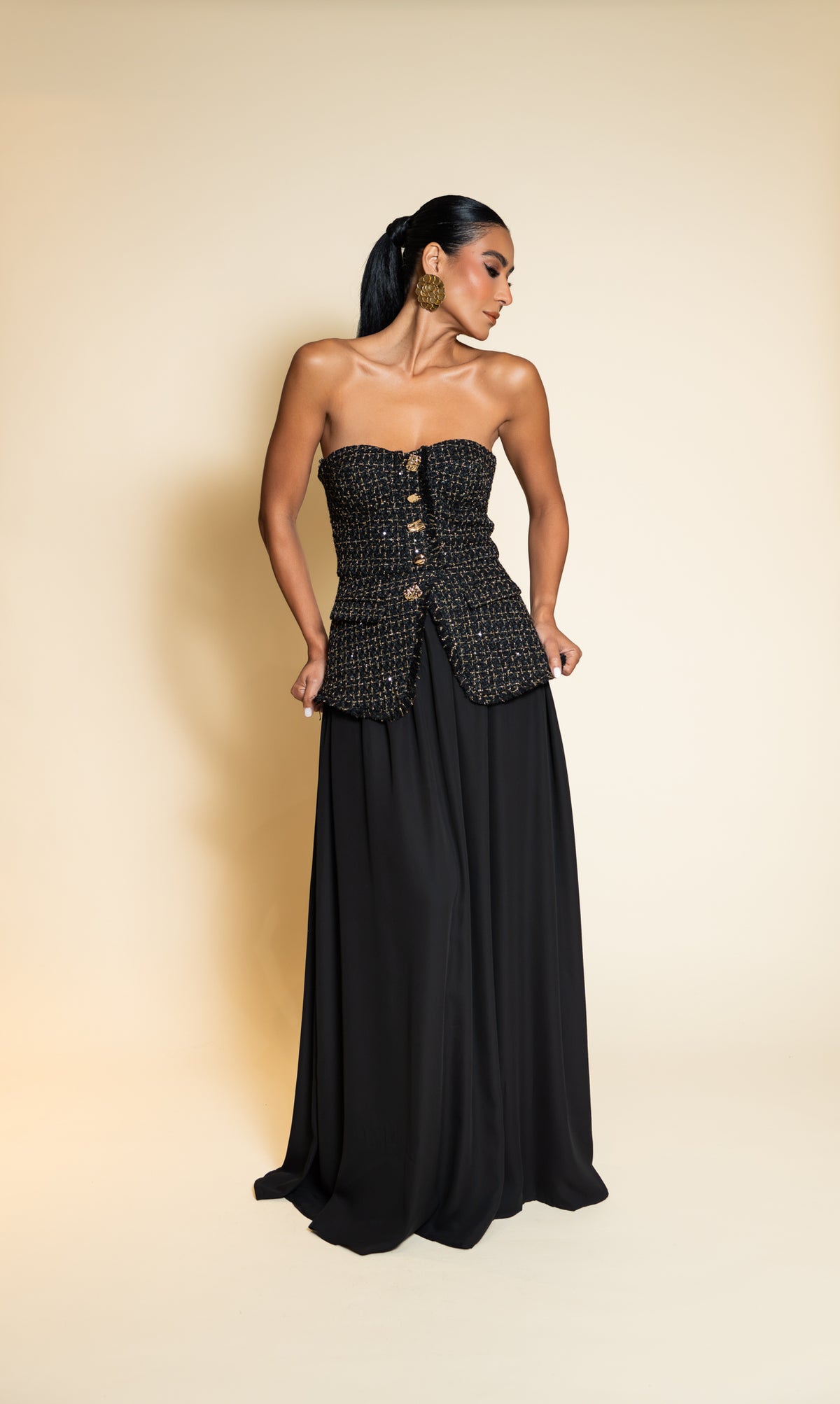 Black Strapless Textured Bodice Maxi Dress
