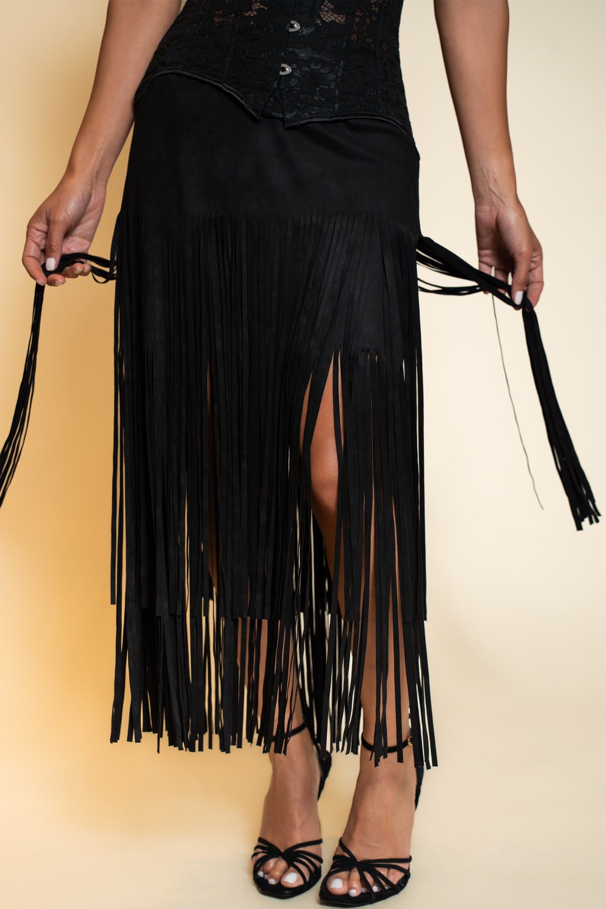 Black Long Fringe Skirt
