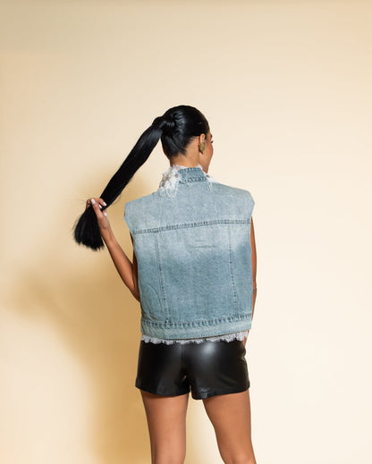 Lace Trim Denim Vest - detail view