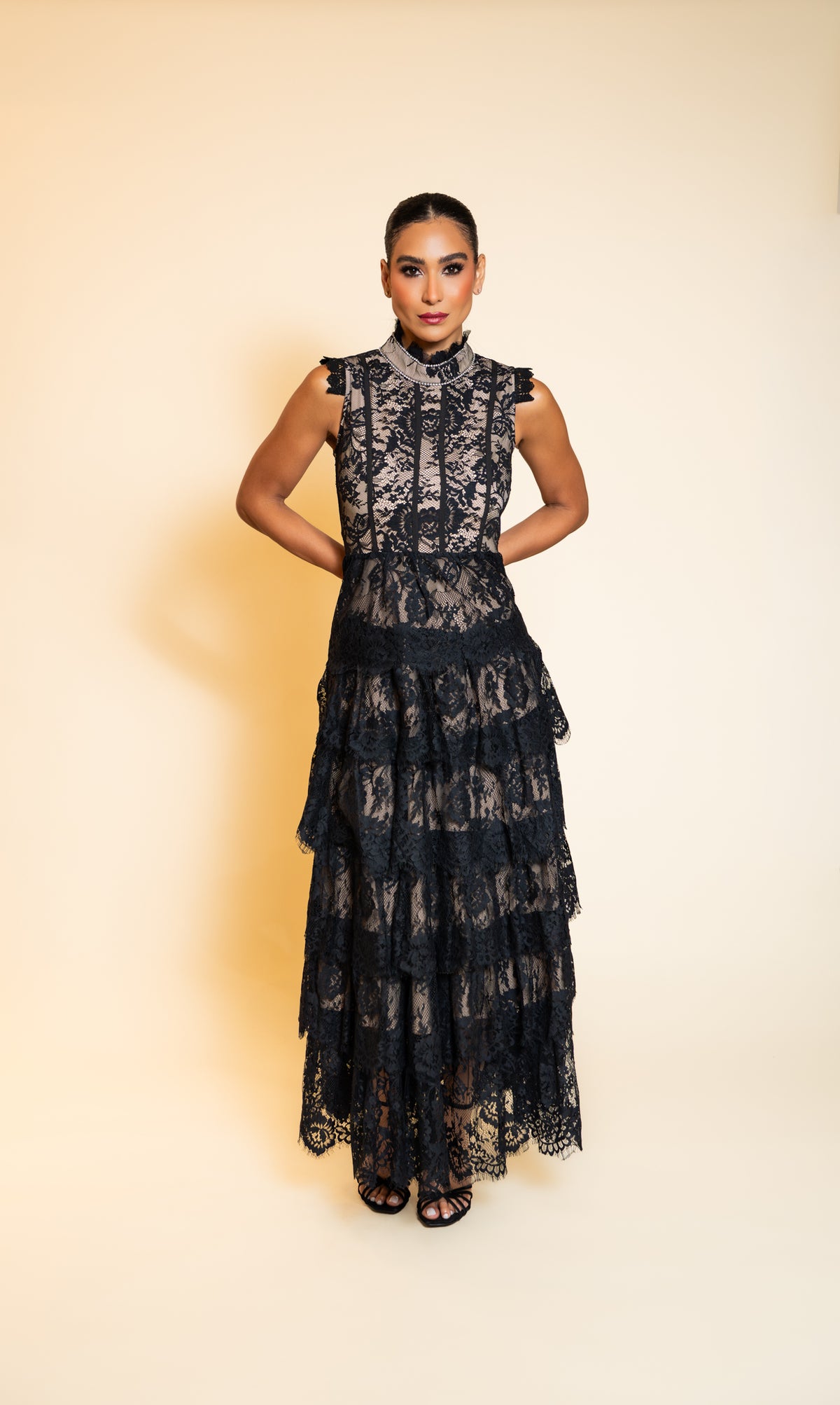 Black Tiered Lace Maxi Dress