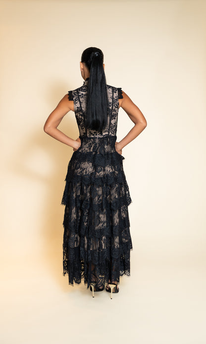 Black Tiered Lace Maxi Dress