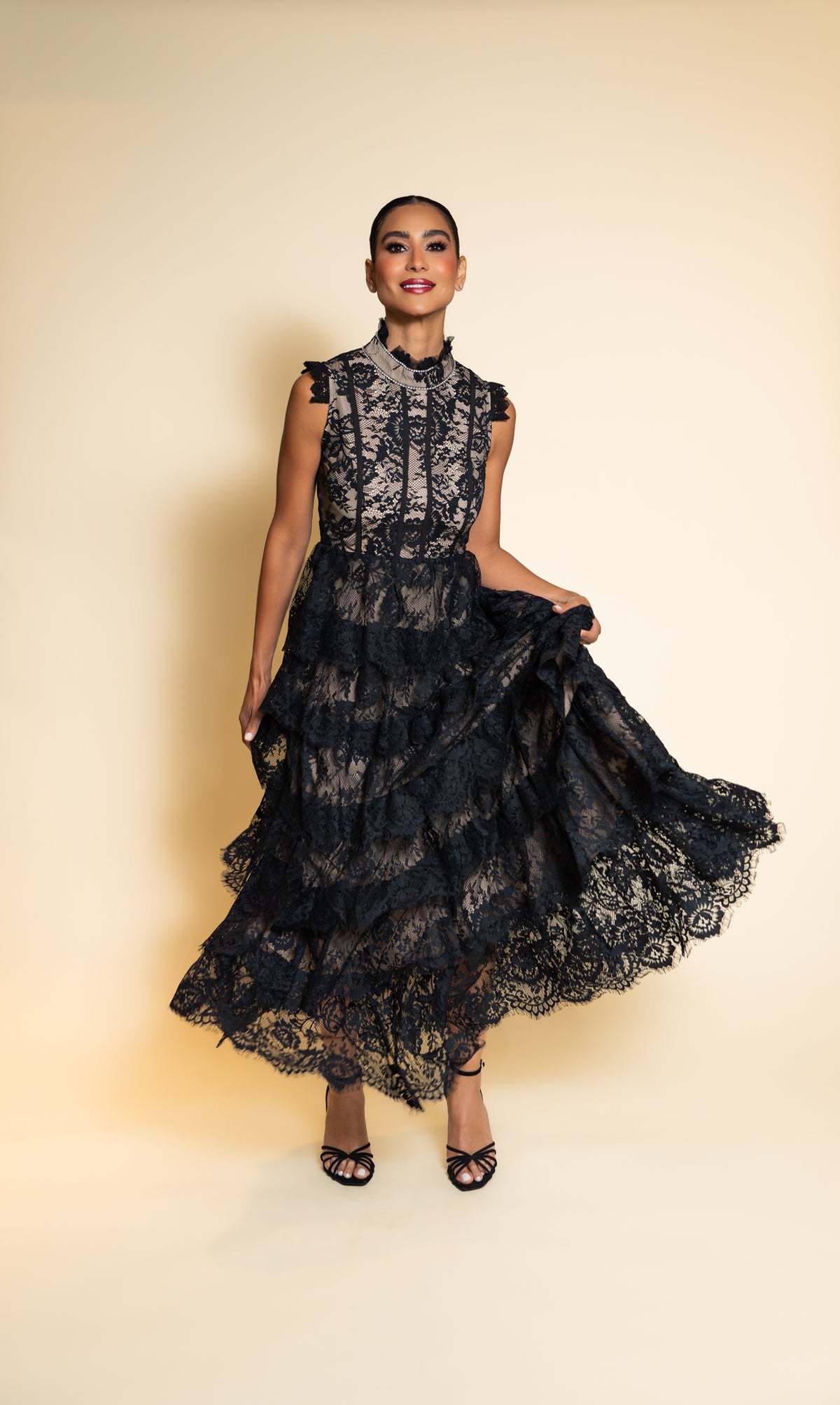 Black Tiered Lace Maxi Dress