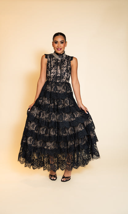 Black Tiered Lace Maxi Dress