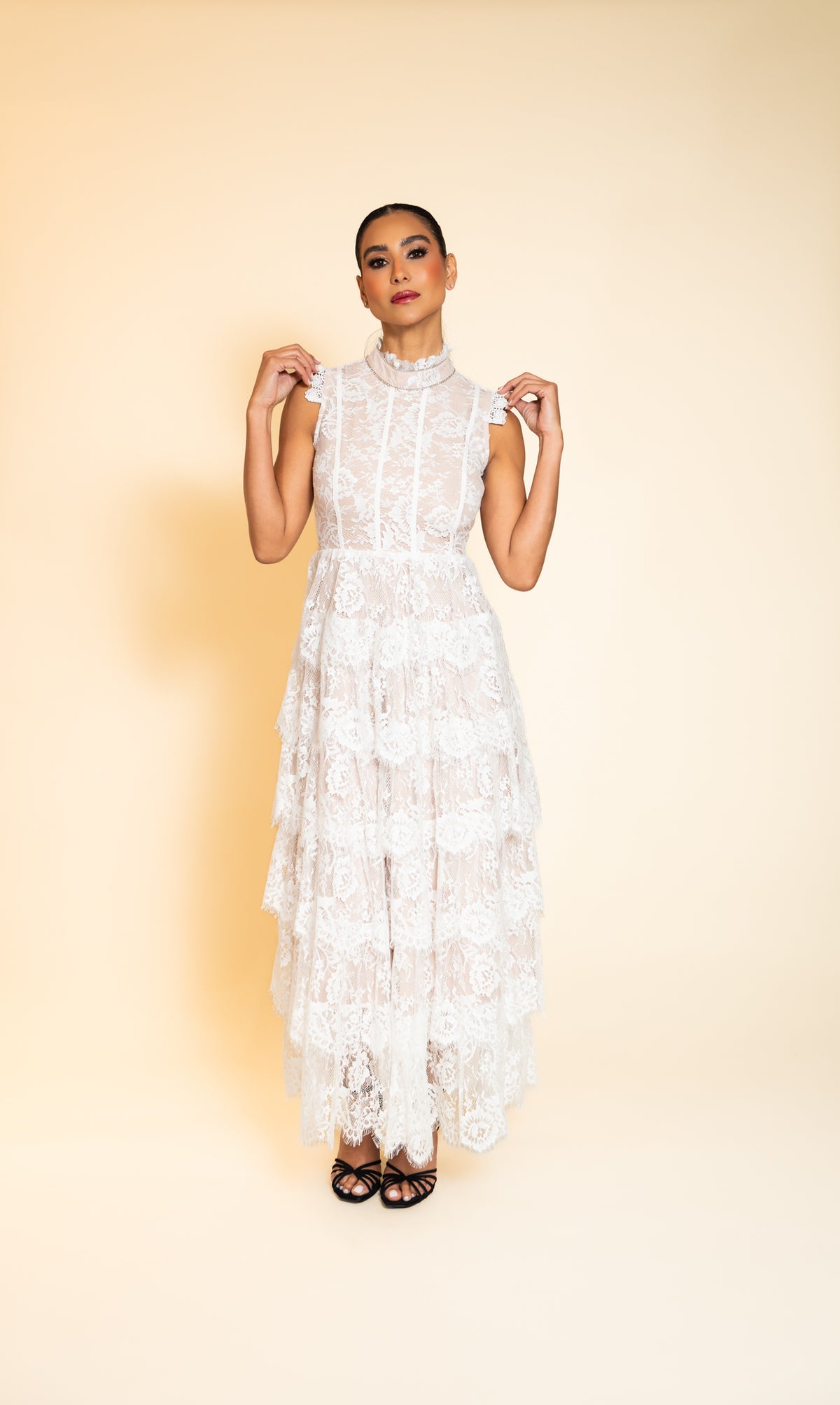 White Tiered Lace Floral Maxi Dress
