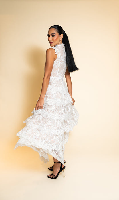 White Tiered Lace Floral Maxi Dress