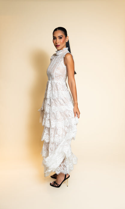 White Tiered Lace Floral Maxi Dress