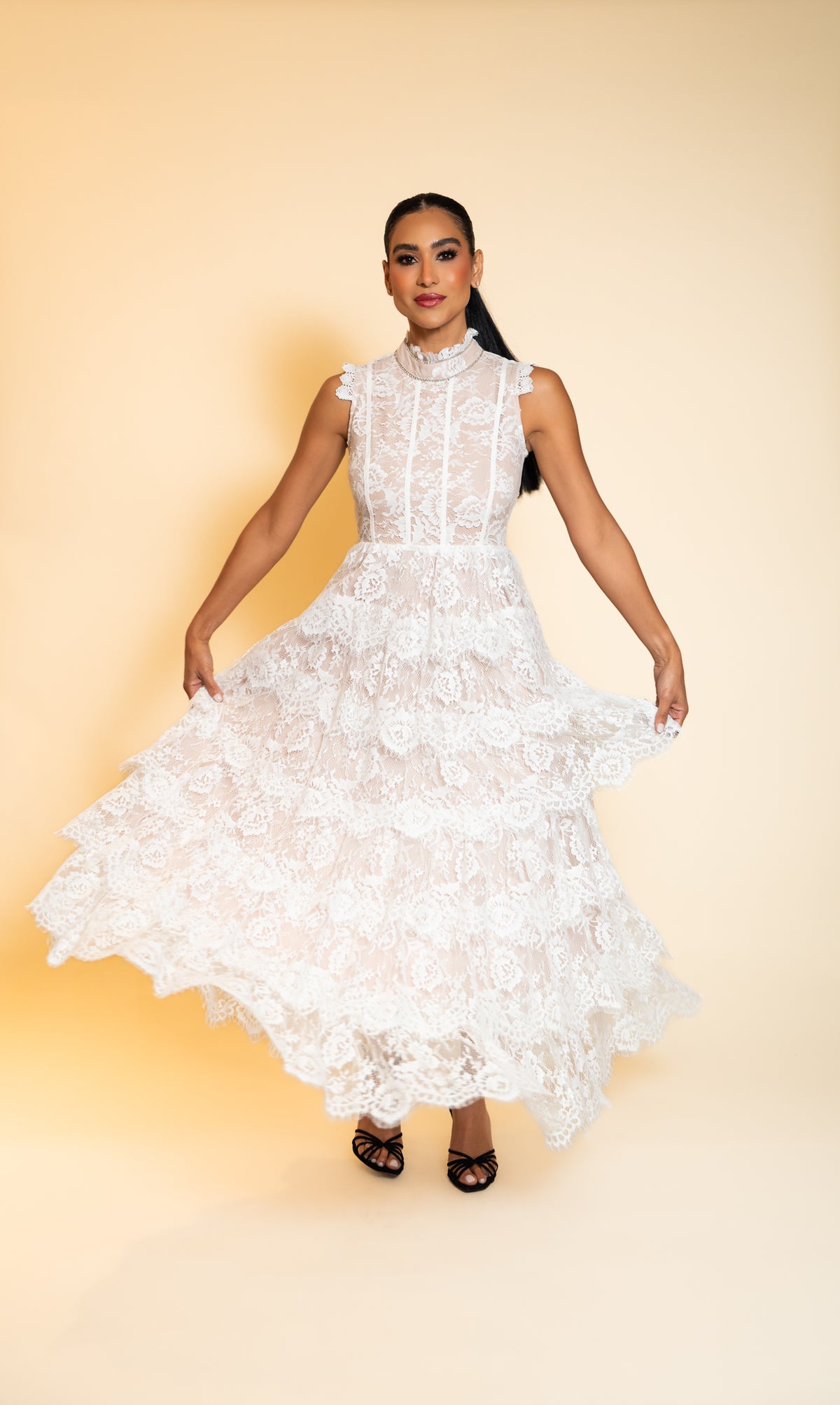 White Tiered Lace Floral Maxi Dress