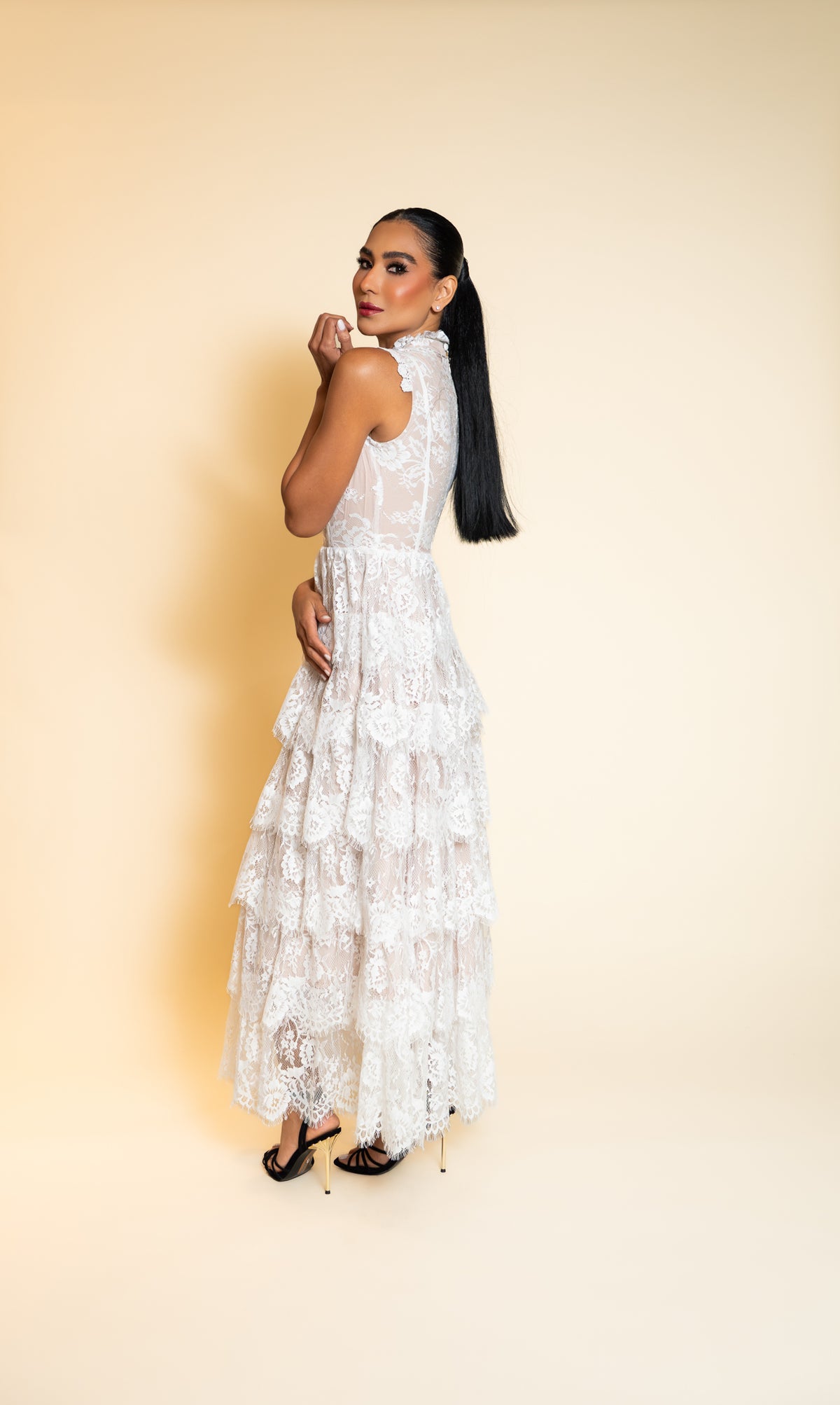 White Tiered Lace Floral Maxi Dress