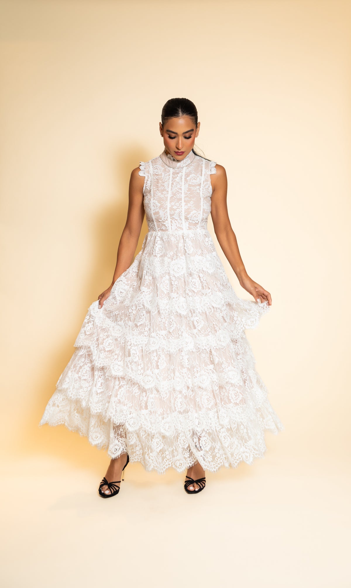 White Tiered Lace Floral Maxi Dress