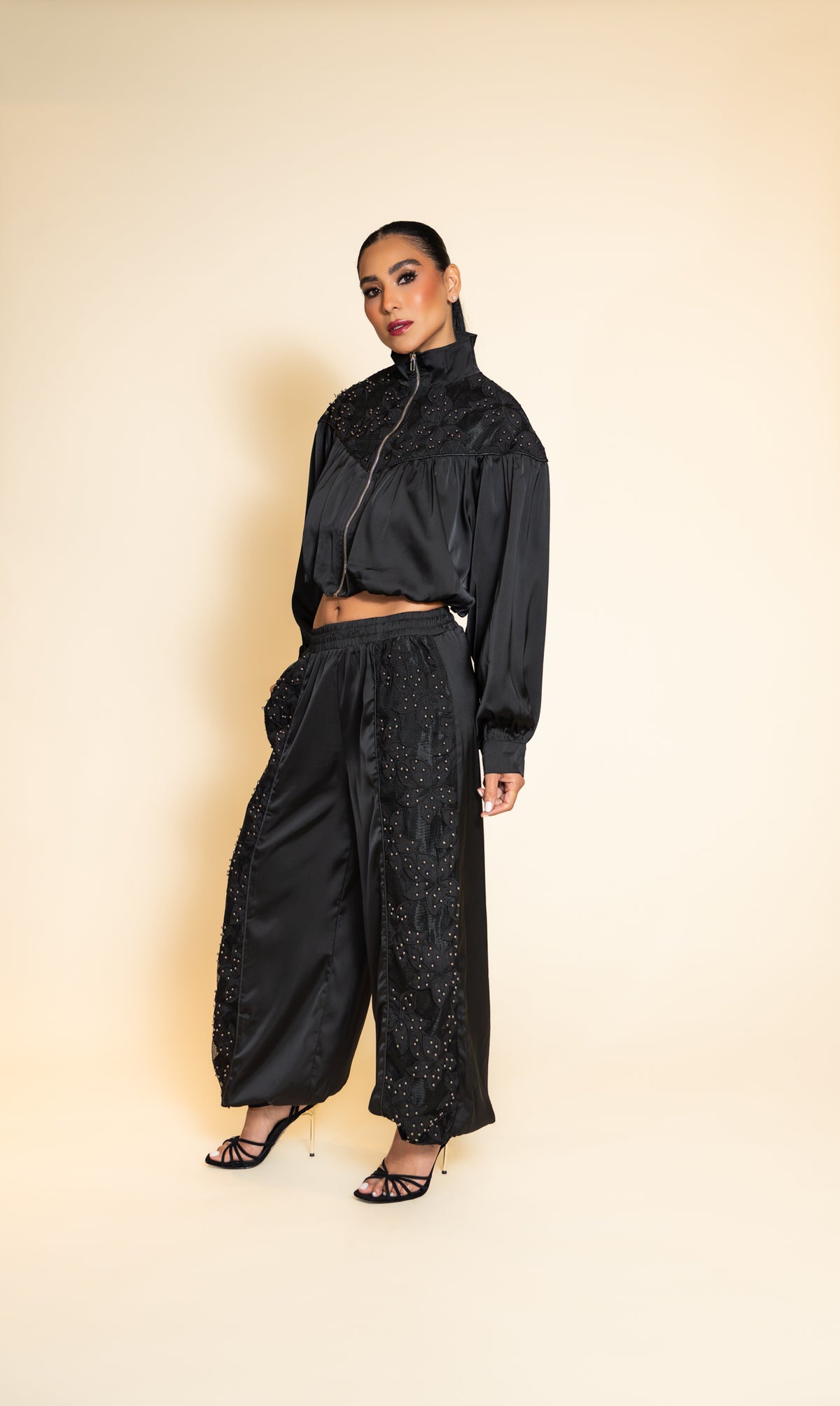 Black Embellished Cropped Jacket and Balloon Pants Set