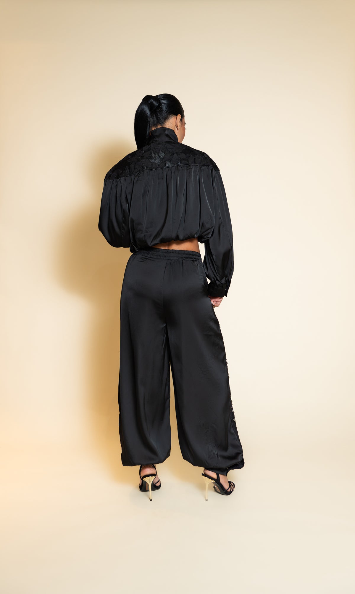 Black Embellished Cropped Jacket and Balloon Pants Set