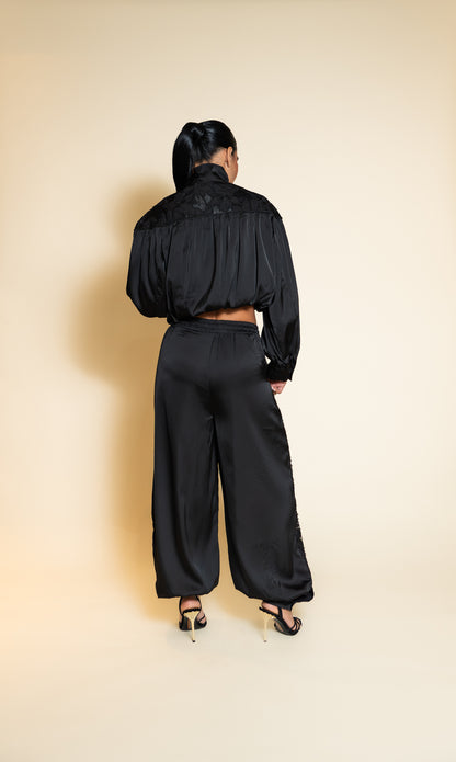Black Embellished Cropped Jacket and Balloon Pants Set