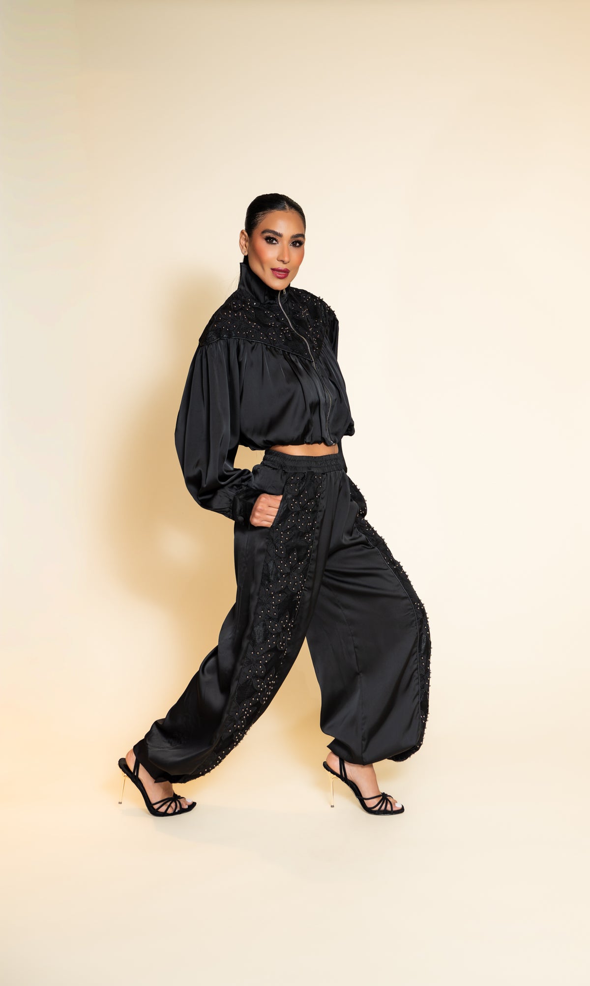 Black Embellished Cropped Jacket and Balloon Pants Set