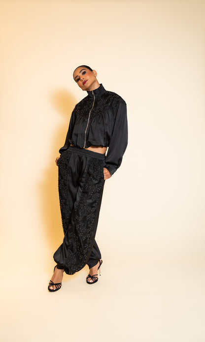 Black Embellished Cropped Jacket and Balloon Pants Set