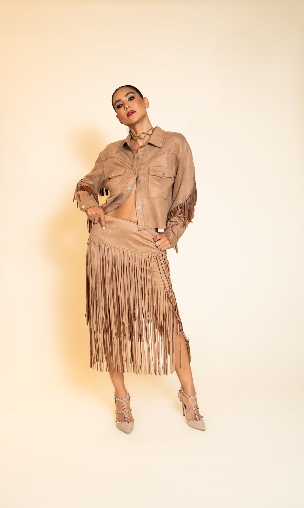 Fringe Suede Set - open jacket view