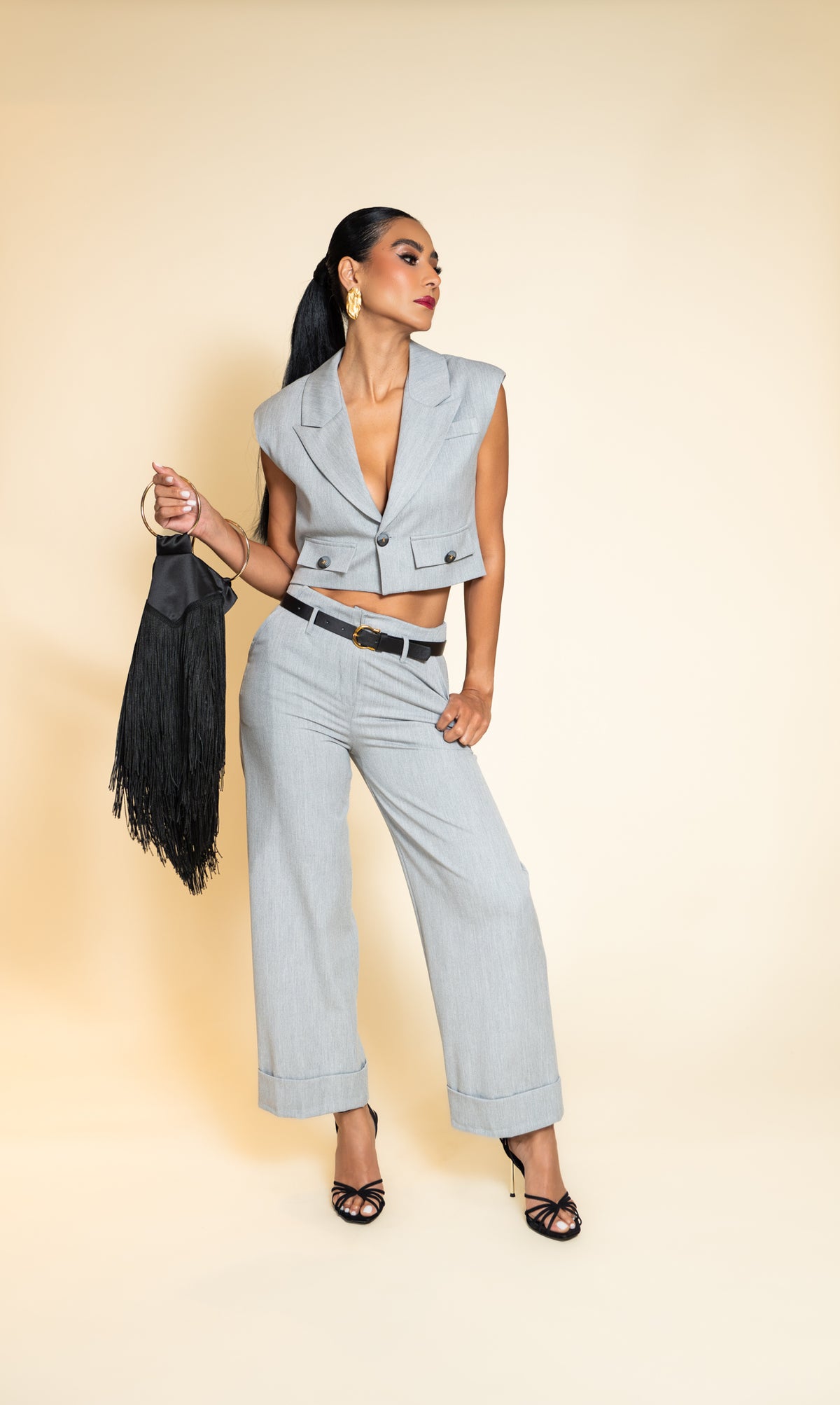 Grey Crop Vest & Wide-Leg Pants Set