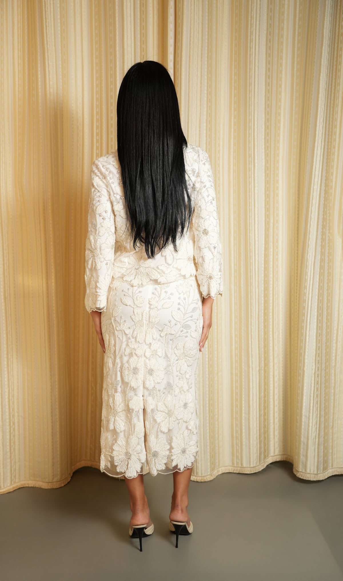 Ivory Floral Textured Top and Midi Skirt Set