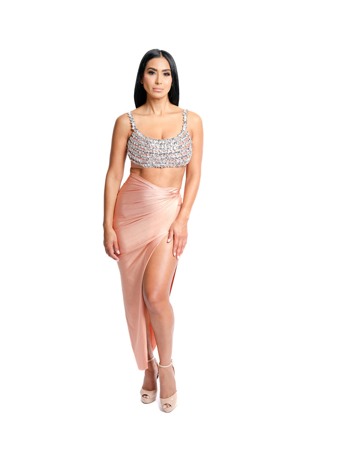 Beige Open Skirt Set with Stone-Embellished Crop Top