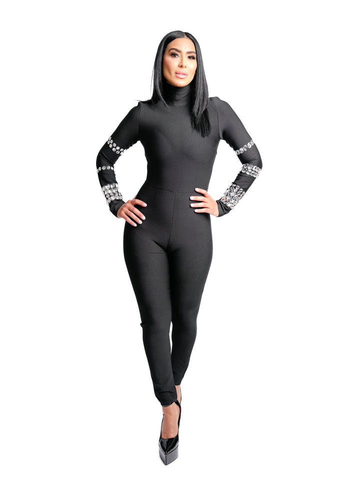 Black Bandage Jumpsuit with Turtleneck & Stone-Embellished Sleeves